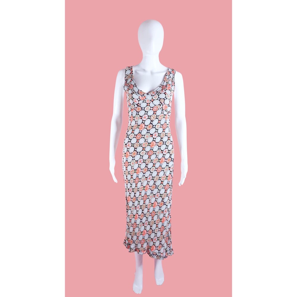 1990s-Y2K ANGIE FLORAL ABSTRACT Print Asymmetrical Slip Dress W/Ruffles. S-M